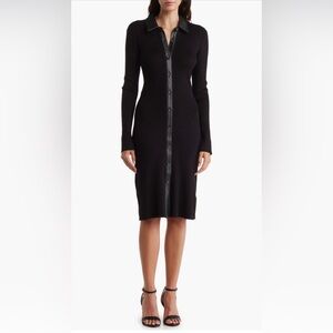 Ellen Tracey 
Faux Leather Trim 
Ribbed Shirtdress